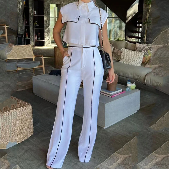 Women Suit Summer Casual Solid Color Loose Trousers Two Piece Set