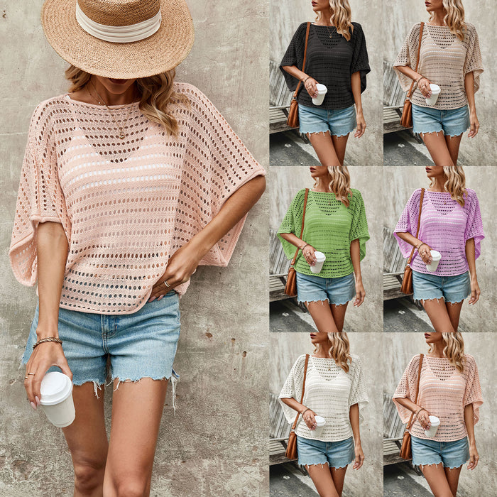 Summer Arrival Knitwear Batwing Sleeve Loose round Neck Hollow Out Cutout out Sweater Women