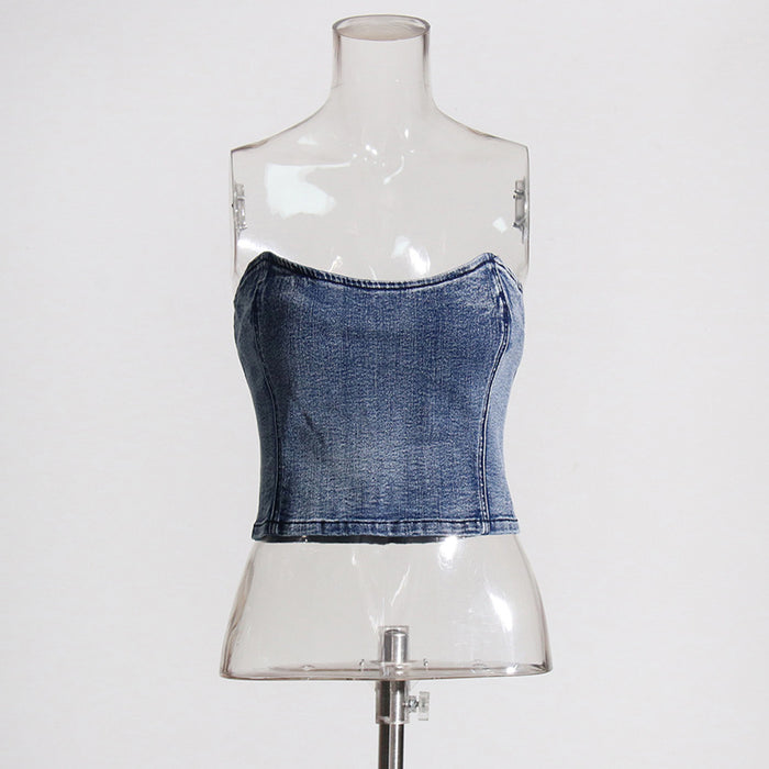 Sexy Short Tube Top for Women High Grade Slim Fit Slimming outside Wear Denim Tube Top for Women