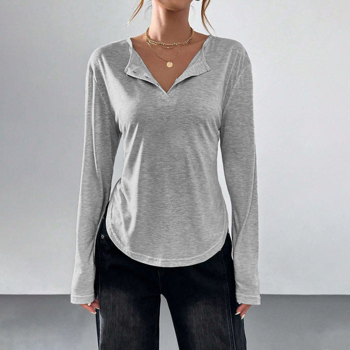 Office Simple V neck T shirt Autumn Winter Loose Solid Color Top Women