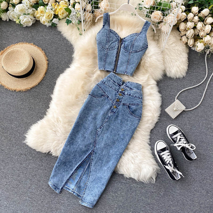 Women Sexy Short Camisole High Waist Denim Skirt Sets