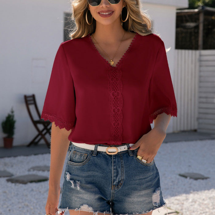 Simple Elegant Lace Stitching V Neck Short Sleeve Shirt Solid Color Hollow Out Cutout Top Women