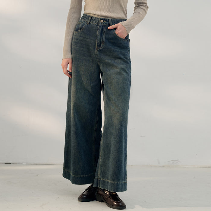 Retro High Waist Jeans Women Autumn Casual Pants with Pockets Simple Loose Wide Leg Straight Pants Trendy