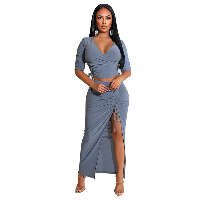 Pleating V-neck T-shirt High Slit Drawstring Skirt Two-Piece Suit