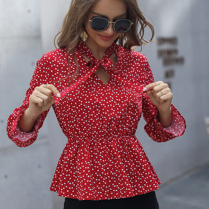 Spring Autumn Chiffon Lace Up Office Slim Fit Printed Pullover Red Chiffon Shirt