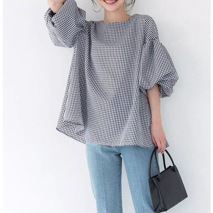 Summer Loose Large Women Shirt Cotton Oversized Lantern Sleeve Round Neck Top