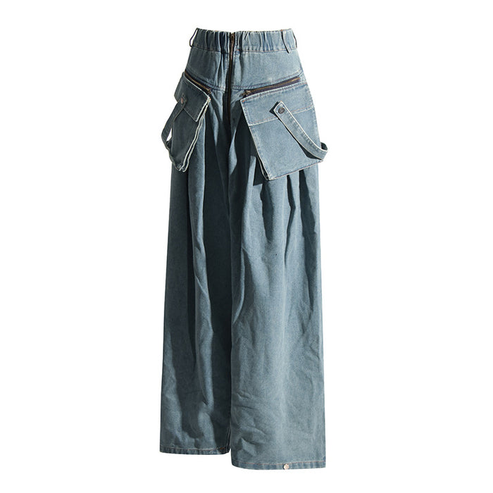 Autumn High Waist Large Pocket Decorative Wide Leg Pants Loose Design Long Jeans for Women