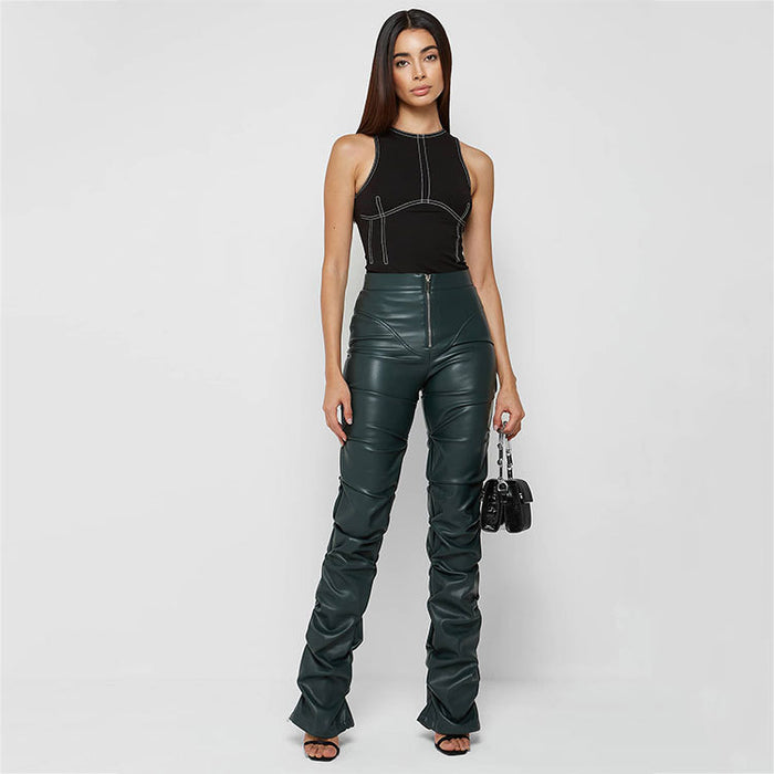 Women Clothing Tight Faux Leather Trousers Personalized Shrinkage Bootcut Trousers Women Four Seasons