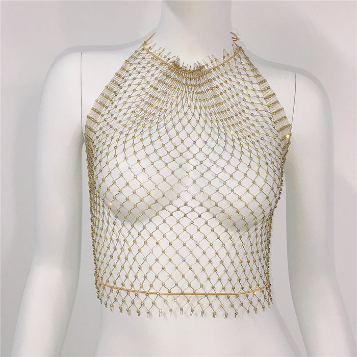 Women Clothing Grid Rhinestone Fishnet Halter Spaghetti Straps Sexy Cutout Sexy Sling Women