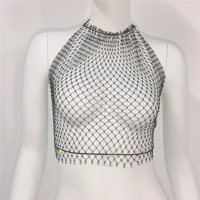 Women Clothing Grid Rhinestone Fishnet Halter Spaghetti Straps Sexy Cutout Sexy Sling Women