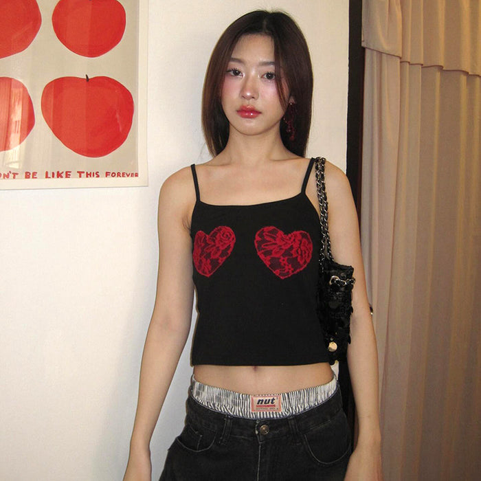 Niche Retro Heart Shaped Lace Short Stitching Spaghetti Straps Cropped Top Women Summer