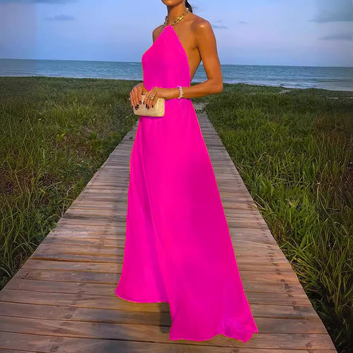 Summer Sexy Solid Color Halter Large Swing Backless Mop Maxi Dress