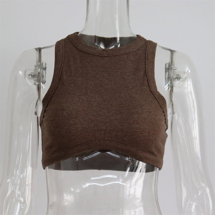 Round Neck Rib Sports Vest Spring Summer Sexy Cropped Slimming Waist I Shaped Short Top