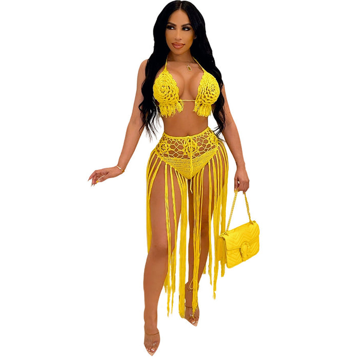 Women Clothing Long Tassel Woven Two-Piece Tassel Beach Skirt