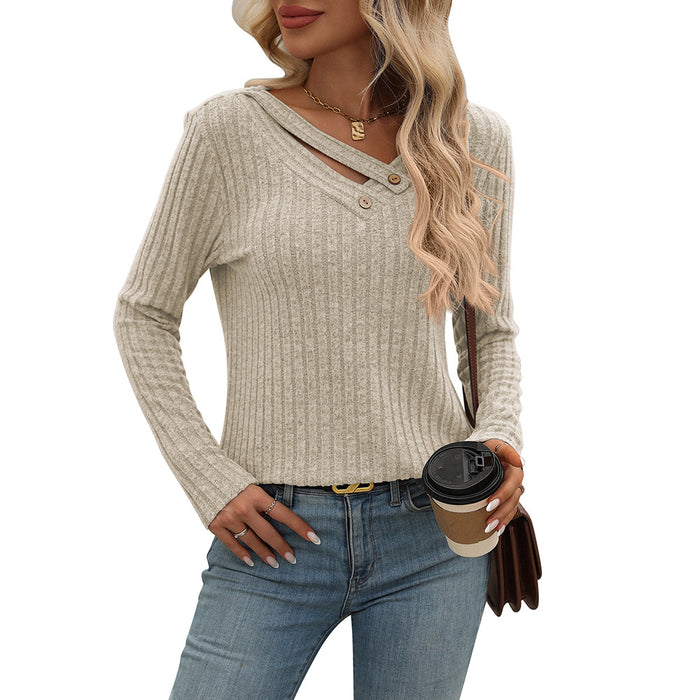 Women Clothing Autumn Winter Loose Casual V Neck Button Top Sunken Stripe T Shirt Women