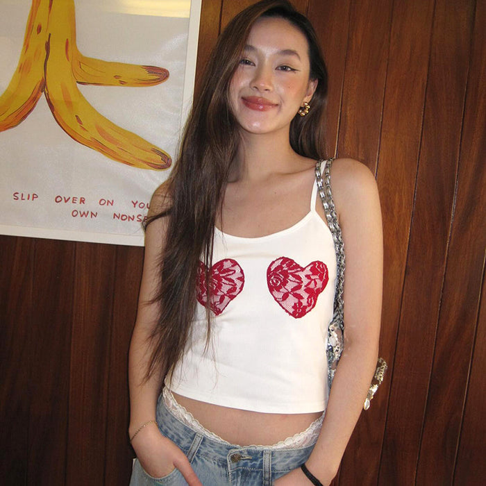 Niche Retro Heart Shaped Lace Short Stitching Spaghetti Straps Cropped Top Women Summer