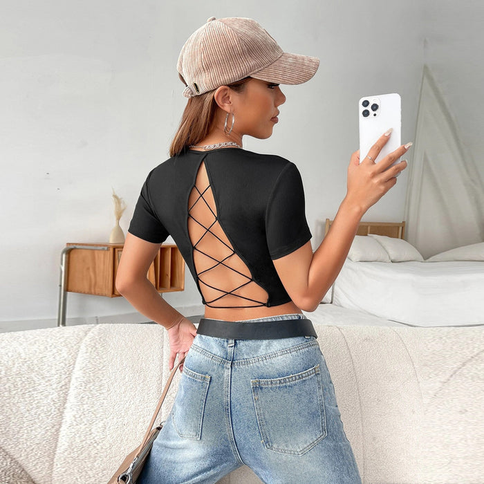 Spring Summer Women Clothing Sexy Backless Short Short Sleeve Slim Knit Top