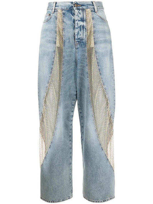 Minority Hollow Out Cutout out See through Mesh Laser Rhinestone Stitching Washed Worn High Waist Wide Leg Jeans for Women