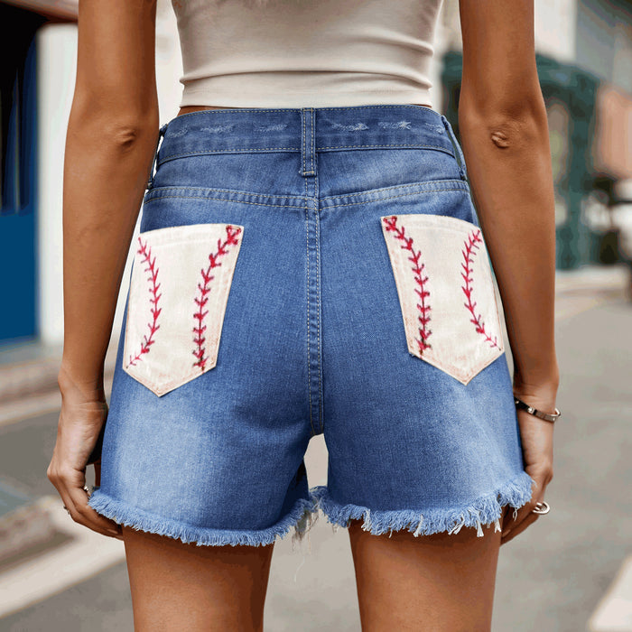 Women Clothing Flag Print Water Washed Hole One Breasted Denim Shorts Women