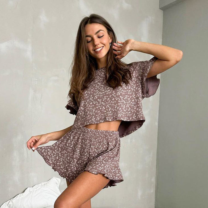 Autumn Winter Sexy Design Knitted Printed Short Sleeved Shorts Two Piece Comfortable Homewear Women