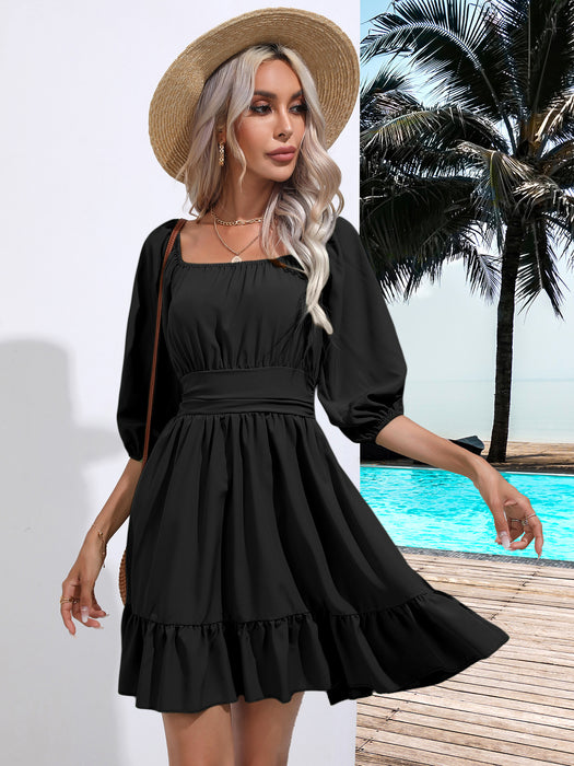 Popular Ruffled Square Collar Dress Lace Dress Women Summer Women Clothing