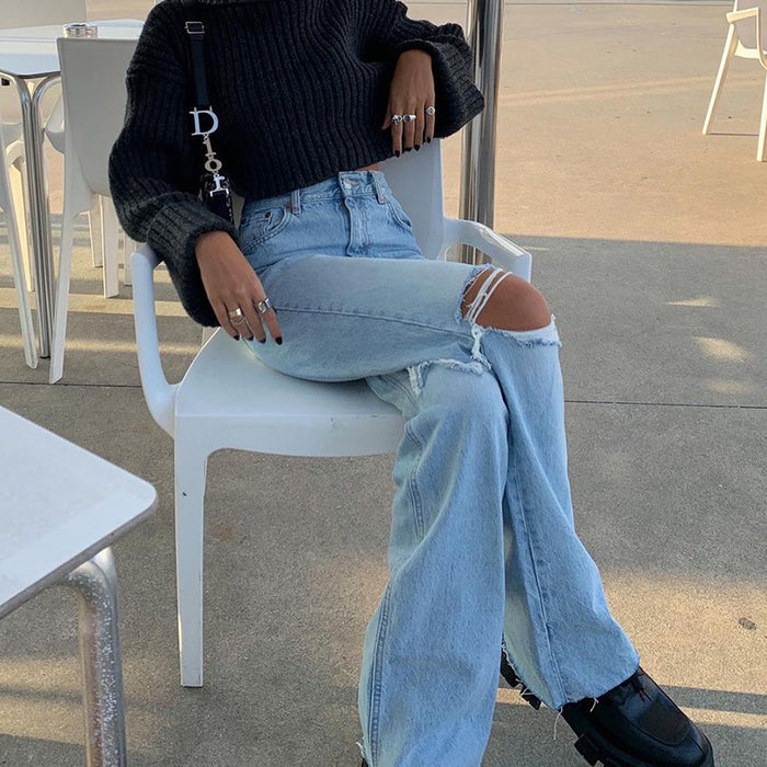 Denim Wide Leg Pants Ripped Bootcut Jeans