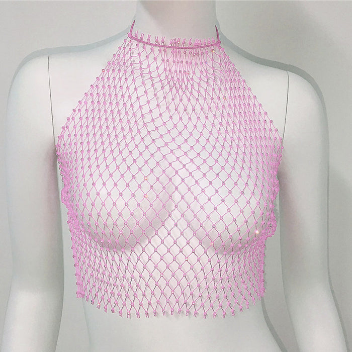 Women Clothing Grid Rhinestone Fishnet Halter Spaghetti Straps Sexy Cutout Sexy Sling Women