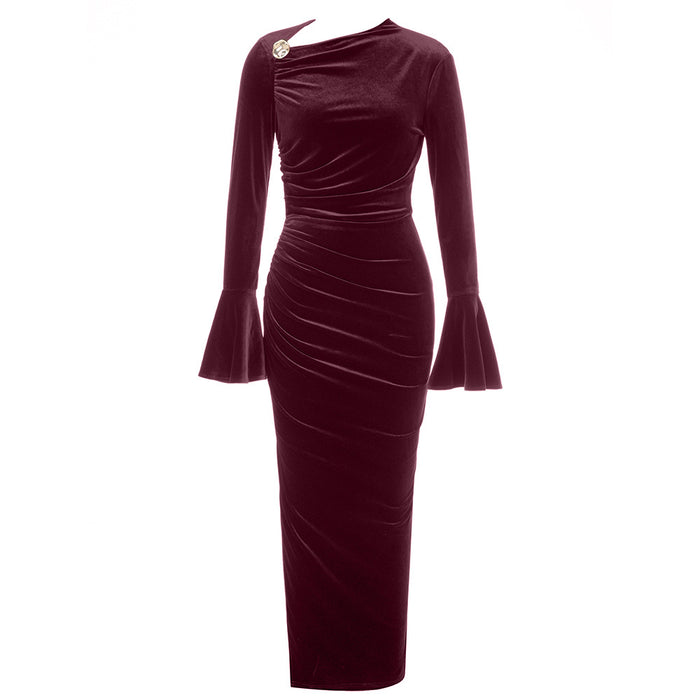 Simple Sexy Diagonal Collar Side Slit Flared Sleeves Long Sleeves Slim Velvet Dress Women Dress