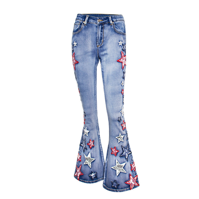 Women Clothing Wide Leg Pants Denim Bell Bottom Pants Women Embroidered Patch Embroidered Trousers