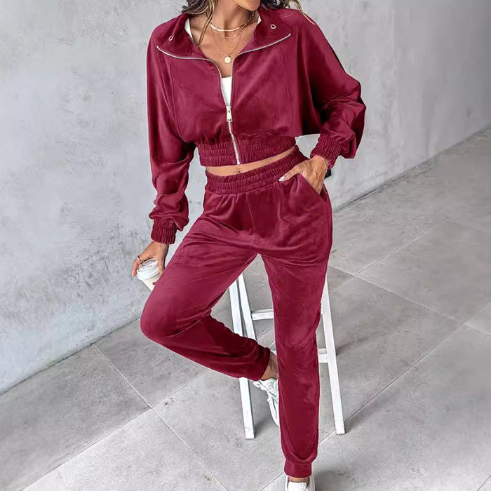 Autumn Winter Women Casual Set Pleuche Long Sleeve Trousers Two Piece Set