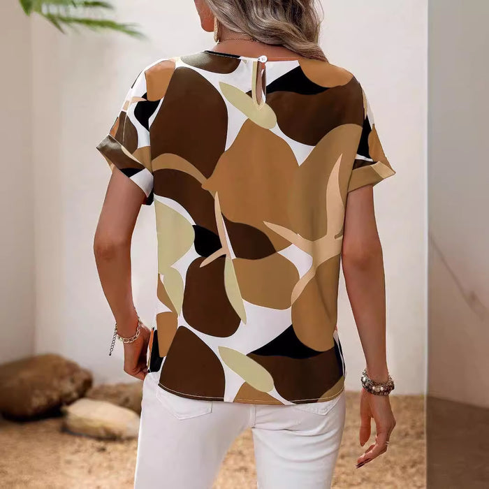 Women Clothing Summer Printed Multi Color U Neck Women Short Sleeved Blouse