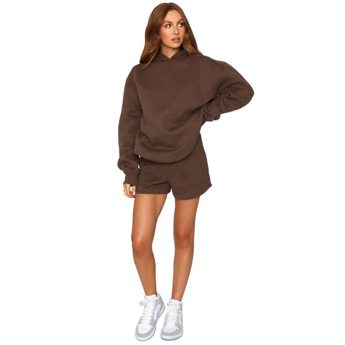 Autumn Winter Solid Color Hooded Pullover Long Sleeve Sweaters Women Clothing Shorts Suit