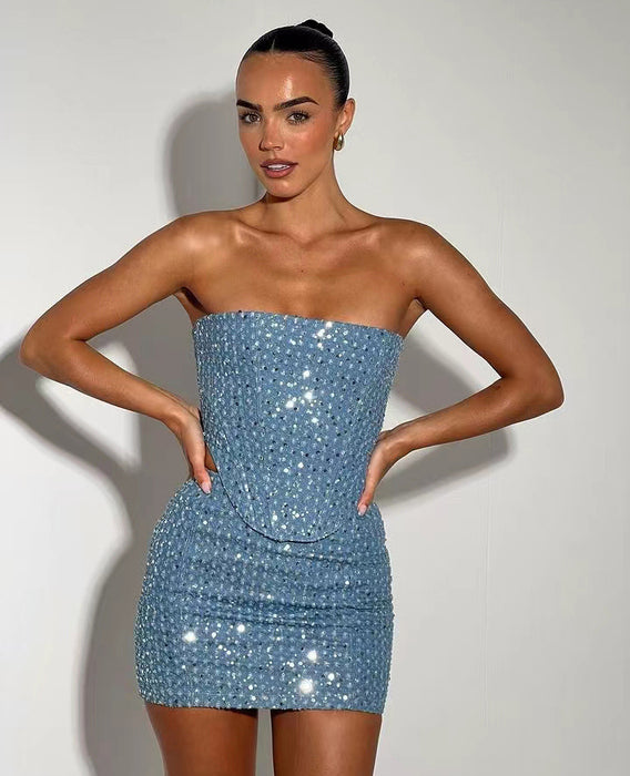 Spring Summer Denim With Hole Sequined Tube Top Set