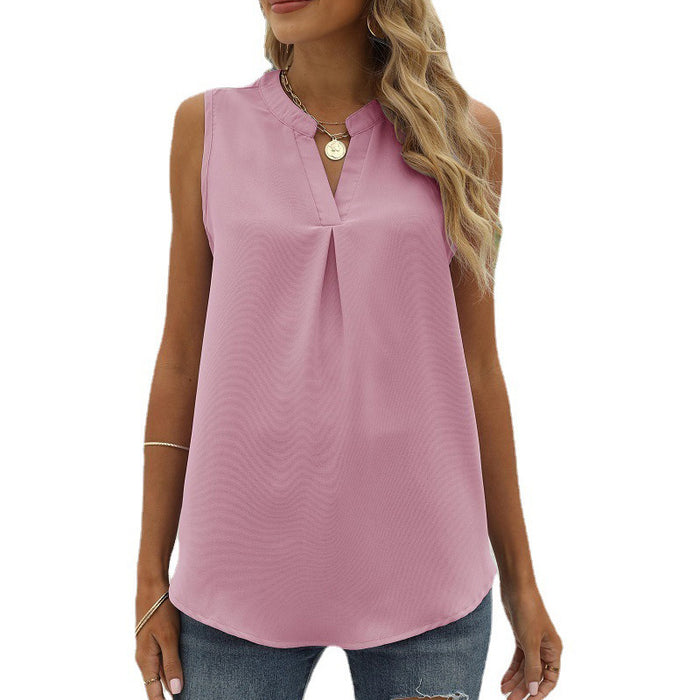 Women Clothing Spring Summer Solid Color Chiffon Shirt Loose V neck Pullover Sleeveless Top Vest