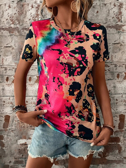 Women Clothing Summer Painted Positioning Floral Short Sleeve Slim Top Women