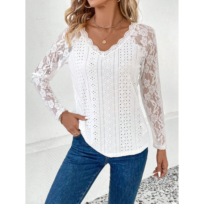 Shirt Women Spring Long Sleeve Lace Stitching Hollow Out Cutout Top