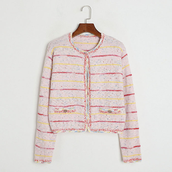 Classic Pink Sweet Knitted Two Piece Summer Autumn Striped Color Matching Cardigan Shorts sets