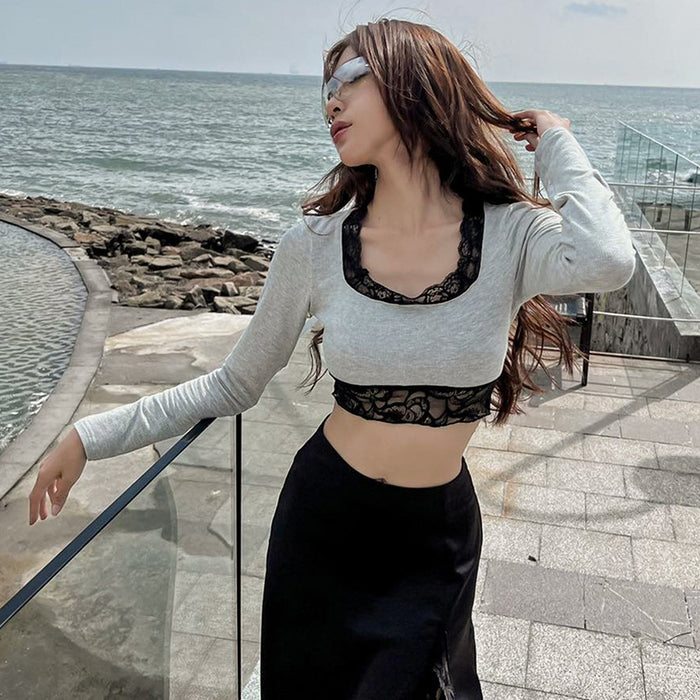 Sexy Lace Stitching Square Collar Long Sleeve Pullover Short Top Women