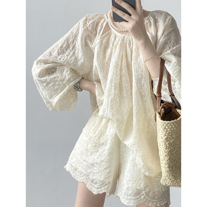 Tencel Embroidery Long Sleeve Set Women Summer Elegant Embroidery Top Shorts Two Piece Set