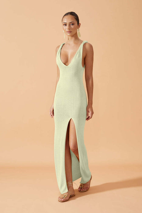 Summer Sexy Deep V Plunge Neck Backless Slit Knitted Dress Solid Color High Waist Slim Fit Holiday Beach Dress