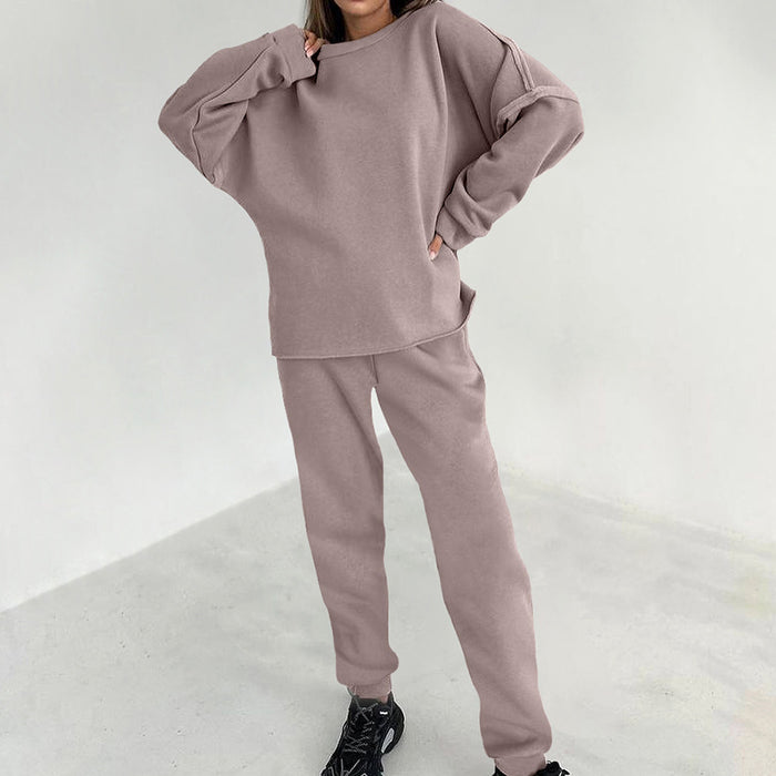 Pink round Collar Sports Brushed Hoody High Waist Sweatpants Autumn Women Clothing