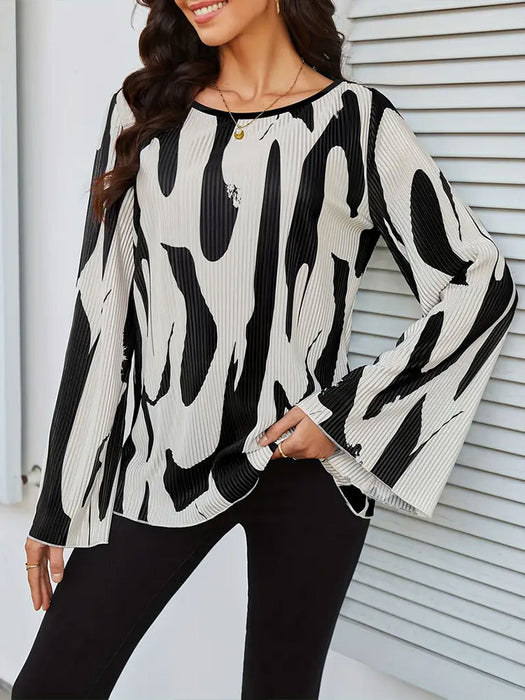 Pleated Printed Flared Sleeves Long Sleeves Top Women Loose Round Neck T shirt Women Summer