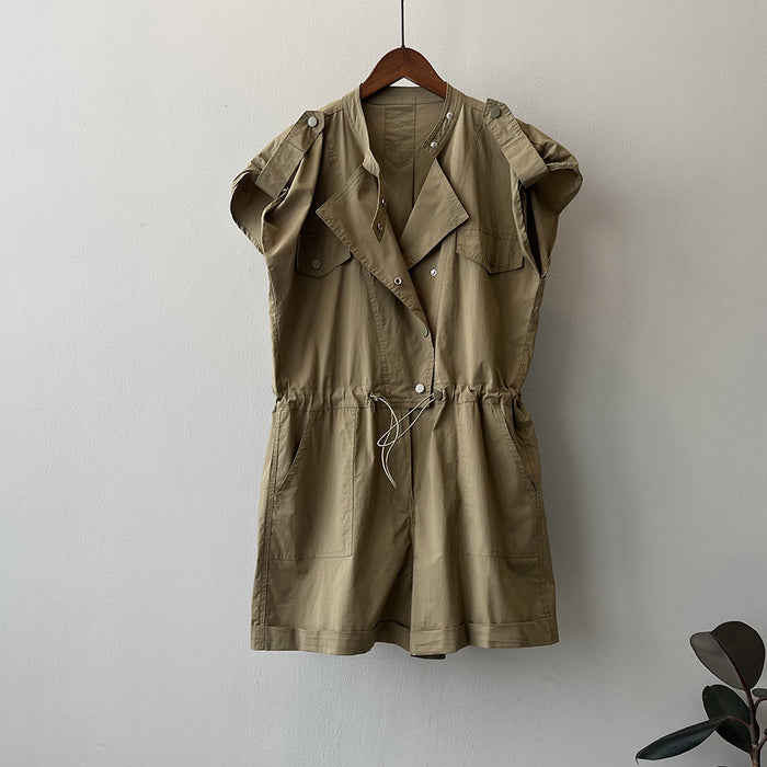 High Waist Drawstring Cargo Overalls Women Summer Stand Collar Flying Sleeves Shirt Romper