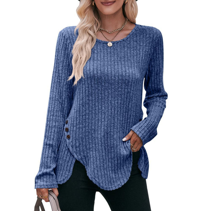 Women round-Neck Sunken Stripe Brushed Solid Color Top Long Sleeve Button T-shirt