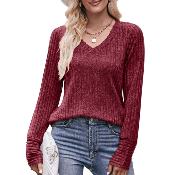 Women Long-Sleeved T-shirt Brushed Sunken Stripe V-neck Solid Color Top