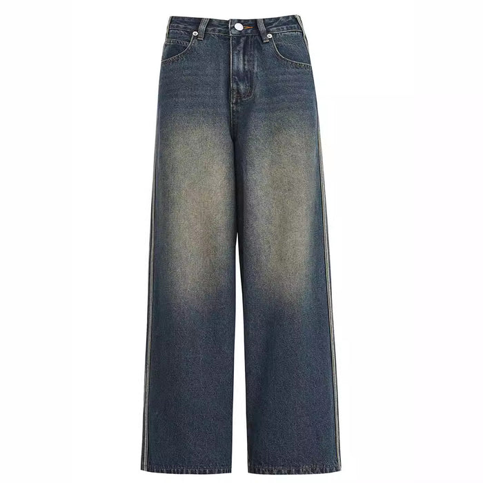 High Street Antique Dark Blue Jeans Distressed Side Stripes Wide Leg Jeans Women Women Jeans