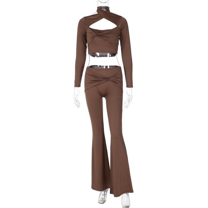 Women Clothing Autumn Long Sleeve Halter Pleated Slim Fit Flared Pants Sports Set