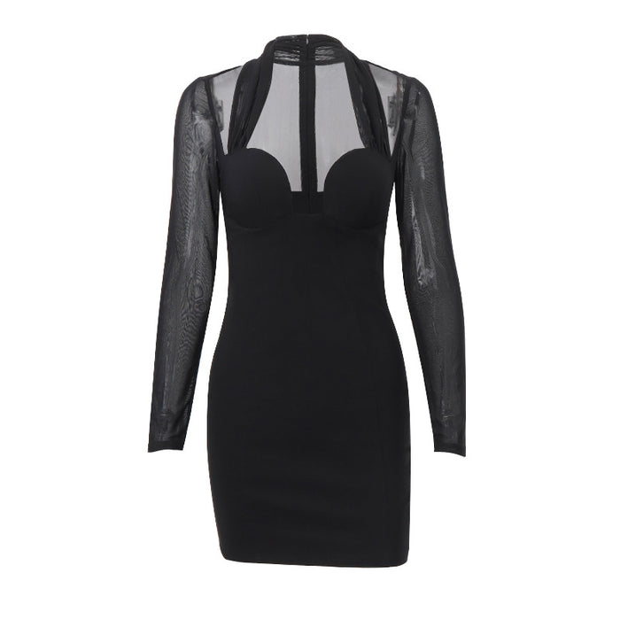 Winter Women Clothing Sexy Lightly Mature High Class Elegant Mesh Long Sleeve Corset Hip Dress