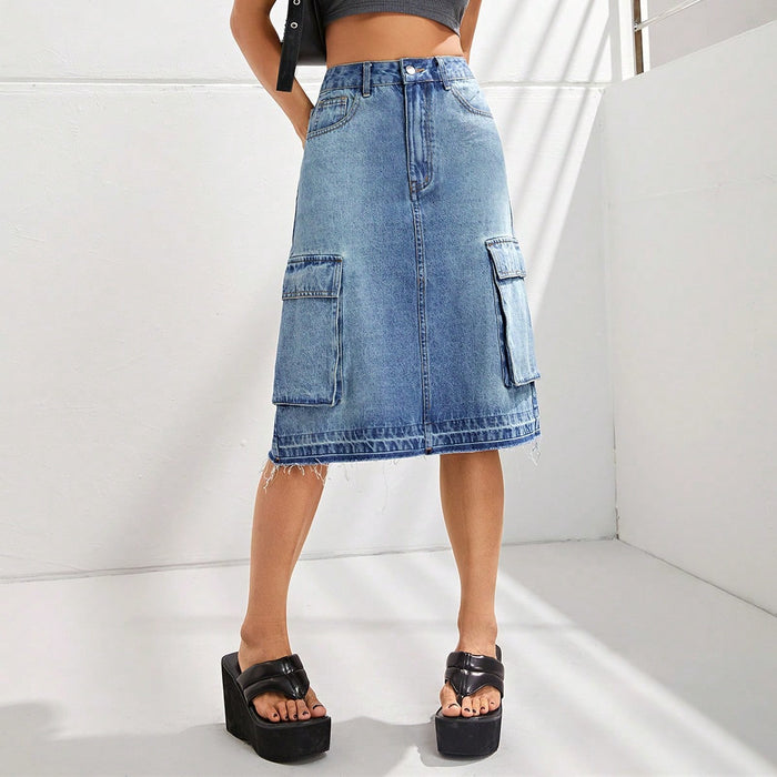 Women Clothing Casual All Match High Waist Slim Denim Skirt