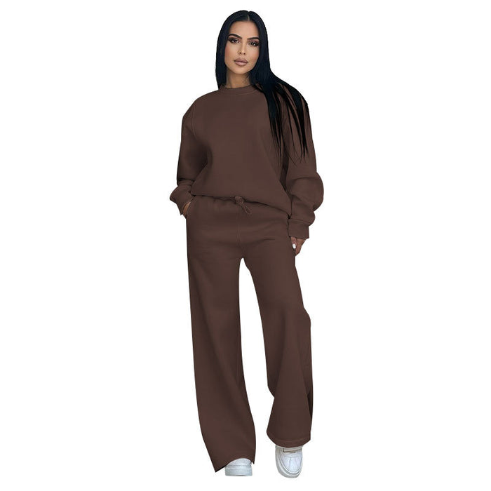 Autumn Winter Solid Color Round Neck Long Sleeve Loose Women Wear Casual Wide Leg Pants Suit